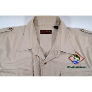 KAYJET Safari‎ Wear Beige Shirt Men's XL  Minaki Ontario Fish Logo Outdoors
